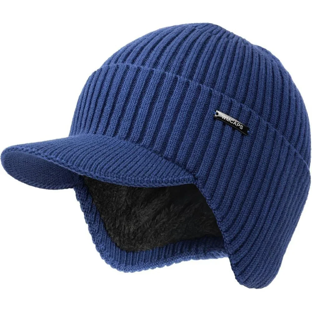 Men's Blue 1 Winter Beanie Brim And Ear Flaps Outdoor Warm Fleece Lined Knit Hat